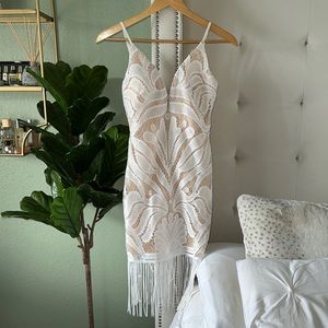 Fashion Nova white lace dress with fringe.